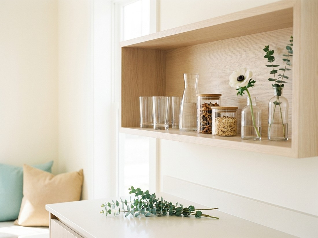 A styled shelf of clear glassware